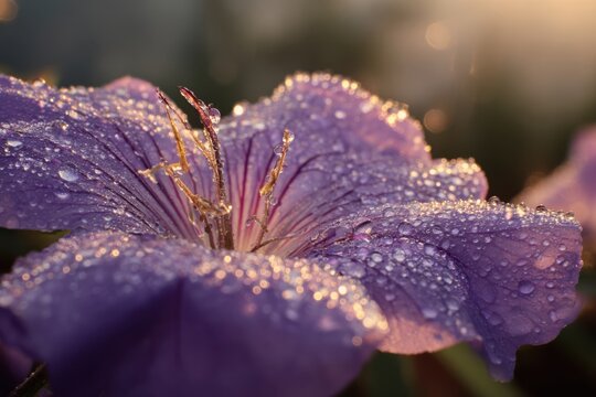 Close up of a purple flower covered in dew drops reflecting sunlight water drops