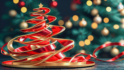 AI-generated image of spiralling red and gold gift ribbons Christmas tree spreading the Christmas spirit