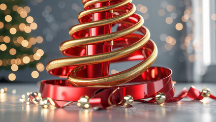 AI-generated image of spiralling red and gold gift ribbons Christmas tree spreading the Christmas spirit