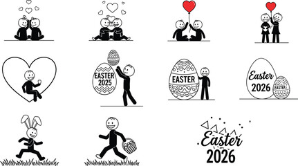 Romantic couple illustrations with hearts and Easter themed stick figure designs featuring eggs, celebrations, bunny running, festive elements, holiday icons