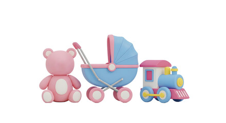3D Cartoon Vector render illustration of summer with bear  train toys and baby stroller Cartoon