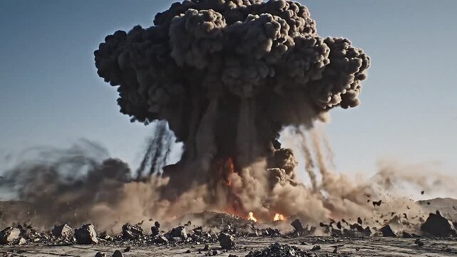 Nuclear Explosion A Massive Mushroom Cloud Rising Over a Barren Landscape After Detonation