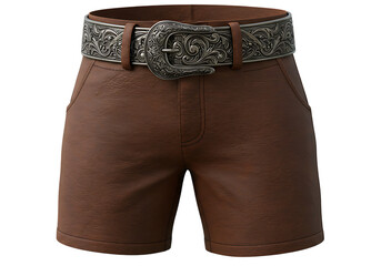 Stylish brown leather shorts with ornate silver belt buckle