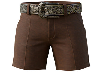 Stylish brown shorts with ornate silver buckle detail
