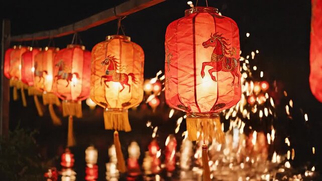 A vibrant row of glowing red and orange Chinese lanterns celebrating the Year of the Horse, with festive fireworks sparkling in the dark night sky