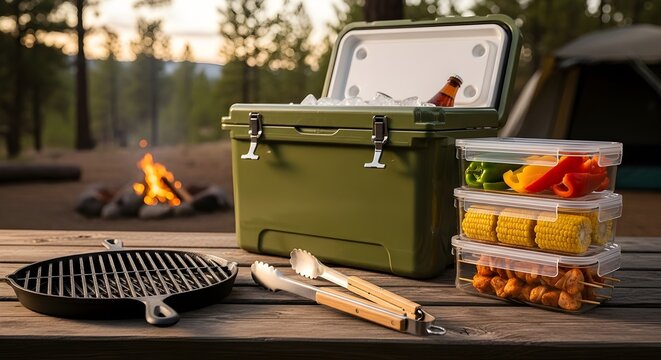 Camping BBQ Setup With Cooler and Food - Powered by Adobe