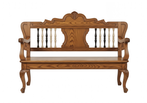 Ornate antique carved wooden bench with classic design and decorative spindles for home decor concept