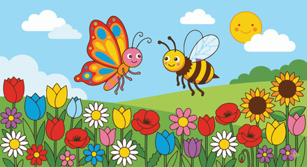Butterfly & Bee Friends in a Flower Field
Flat vector butterfly and bee smiling at each other above a field of colourful flowers
