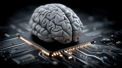 A gray human brain rests atop a complex circuit board, highlighting the intersection of technology and the mind.