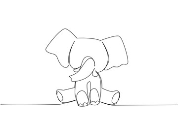 Single line drawing of a cute baby elephant sitting with large ears and curled trunk, a nature concept themed for cute wild animals cartoon sitting, ideal for nursery posters, stickers, kids branding.