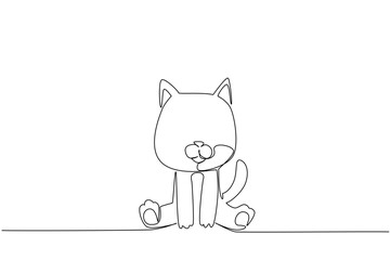 Single line drawing of a cute baby cat sitting with pointy ears and curled tail, a nature concept themed for cute wild animals cartoon sitting, ideal for nursery posters, stickers, and kids branding.