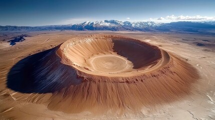 An aerial view of a large, arid volcanic crater with reddish-brown slopes, casting a long shadow. Snow-capped mountains rise in the distant background under a c