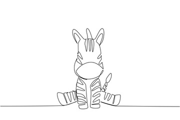 Obraz premium Single line draw of a cute baby zebra sitting with stripes and tufted tail, a wildlife concept themed for cute wild animals cartoon sitting, ideal for nursery decor, stickers, and kids brand graphic