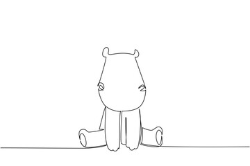 One line drawing of a cute baby hippo sitting front view with tiny ears, a wildlife concept themed for cute wild animals cartoon sitting, ideal for nursery prints, stickers, and cheerful kids room dec