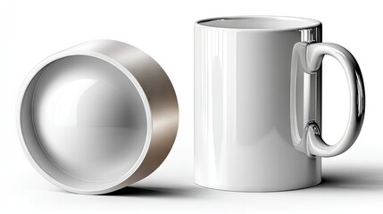 A white ceramic mug with a shiny metallic handle stands next to its matching lid, which is placed upside down. The objects are on a clean white surface with sof