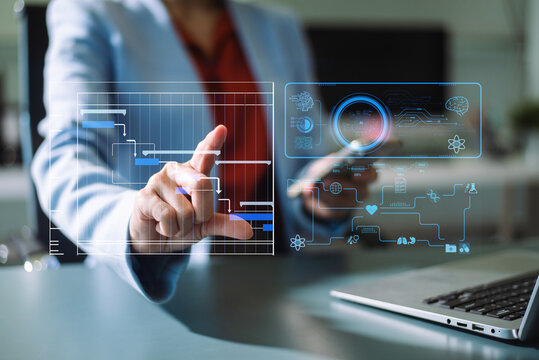 Healthcare professional or scientist interacts with a futuristic hexagonal interface of medical, science, and AI icons, representing global health data and research.