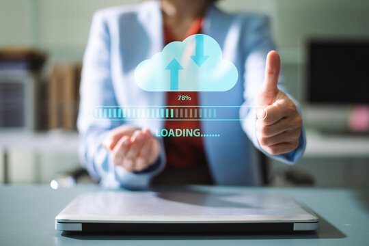 Modern cloud computing with data upload download technology, storage, security, and digital business solutions for innovation and success.