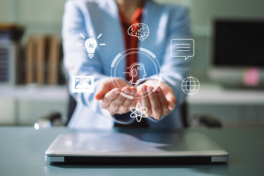 Woman hand with cupped hands under a glowing AI interface surrounded by futuristic tech icons. Ideal for artificial intelligence, innovation