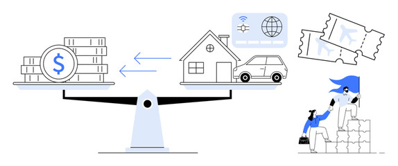 Scale balancing money with assets thumbs up a car, house, and travel items, illustrating decision-making, resource allocation, and priorities in goals. Ideal for finance, savings, budget planning