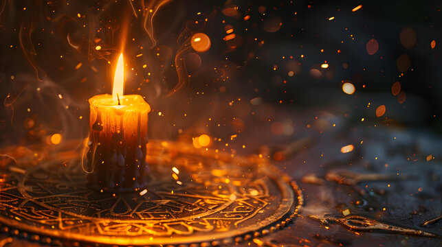 close-up candlestick glowing on magic rune board