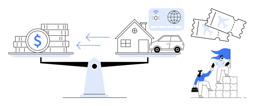 Scale balancing money with assets thumbs up a car, house, and travel items, illustrating decision-making, resource allocation, and priorities in goals. Ideal for finance, savings, budget planning