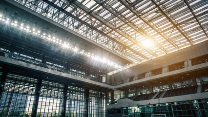 Bright sunlight illuminates the modern glass roof and interior architecture of a large, empty stadium or arena.