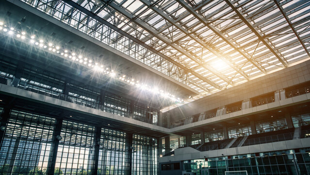 Bright sunlight illuminates the modern glass roof and interior architecture of a large, empty stadium or arena.