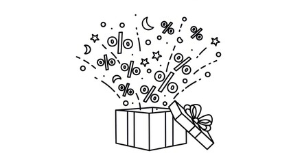 Gift box bursting with discount symbols and celebration