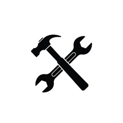 Black silhouette of a hammer and wrench crossed on white background