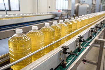 Automated bottling process of cooking oil in a modern food processing factory, showcasing efficiency and industrial scale production