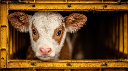 Vulnerable young calf gazes out from a yellow crate, evoking a sense of confinement and concern.