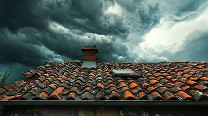 Dark storm clouds gathering over a rustic rooftop with terracotta tiles at dusk in a countryside setting