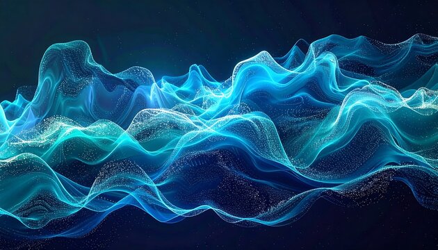 An abstract visualization. Turquoise and blue particles flow across a dark background, evoking a sense of ethereal movement and energy