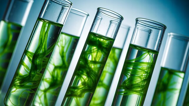 Green Algae Growing in Laboratory Test Tubes for Biotechnology and Biofuel Research
