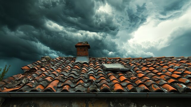 Dark storm clouds gathering over a rustic rooftop with terracotta tiles at dusk in a countryside setting