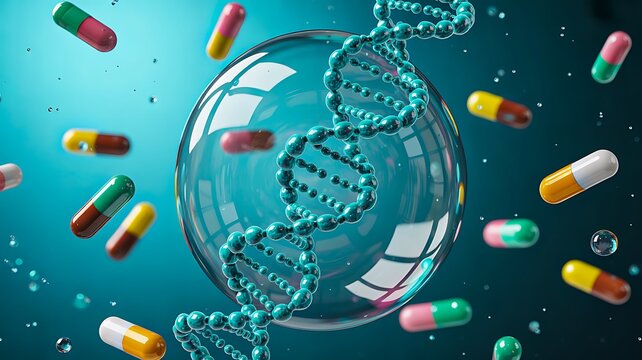 DNA Helix Surrounded by Colorful Capsules Representing Genetic Medicine and Biotechnology Innovation