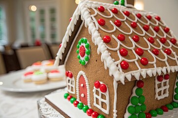 Obraz premium Festive gingerbread house decorated with colorful icing and candies, capturing the sweet spirit of holiday traditions