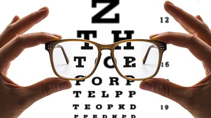 Eyeglasses Held in Front of Eye Chart for Optometry and Vision Testing Concept
