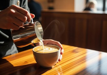 Closeup of barista pouring steamed milk into a cup of coffee to create latte art on a wooden table in a cafe setting