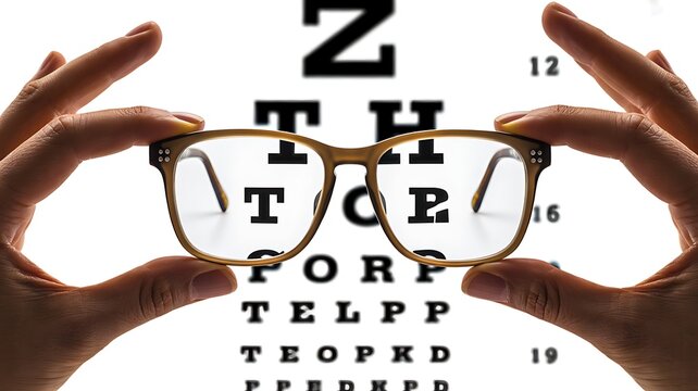Eyeglasses Held in Front of Eye Chart for Optometry and Vision Testing Concept
