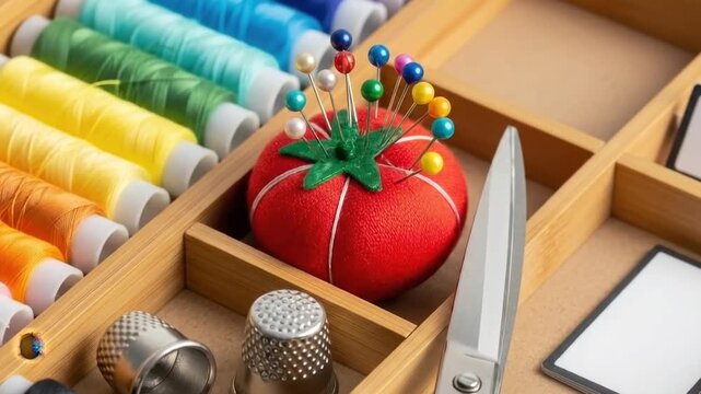Sewing kit essentials threads scissors and notions in wooden box