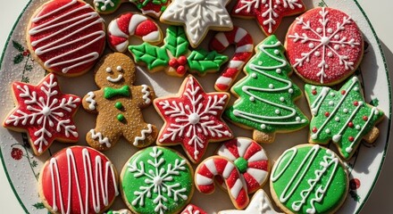 A festive plate of assorted Christmas cookies decorated with colorful royal icing in various holiday shapes.