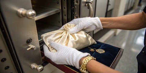 A close-up of gloved hands carefully placing a satin pouch of family heirlooms into a secure bank safe deposit box