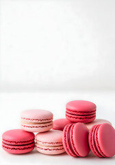 Fototapeta premium Pink red macarons white background sweet dessert French cookies pastry confection almond meringue vibrant colorful stacked elegant delightful tasty baked goods gourmet treats celebration sugary food