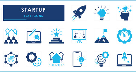A set of flat icons related to Startup. Rocket, business, idea, teamwork, strategy, digital, target, innovative, goals, and so on.