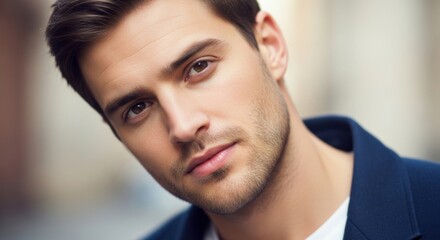 Close-up portrait of a young confident man with intense gaze and