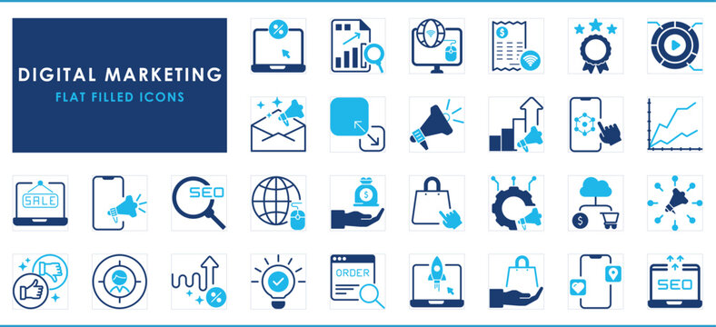 A set of flat icons related to Digital Marketing.