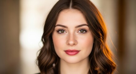 Naklejka premium Elegant young woman with flawless skin and styled brown hair in a