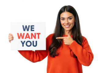 Smiling woman holding 'we want you' sign, recruiting, job offer, hiring, employment opportunity