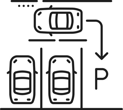 Driving school icon of vehicle back in parking training for drive education, vector pictogram. Driving school line icon of car maneuver in parking lot for driver training and driving test examination